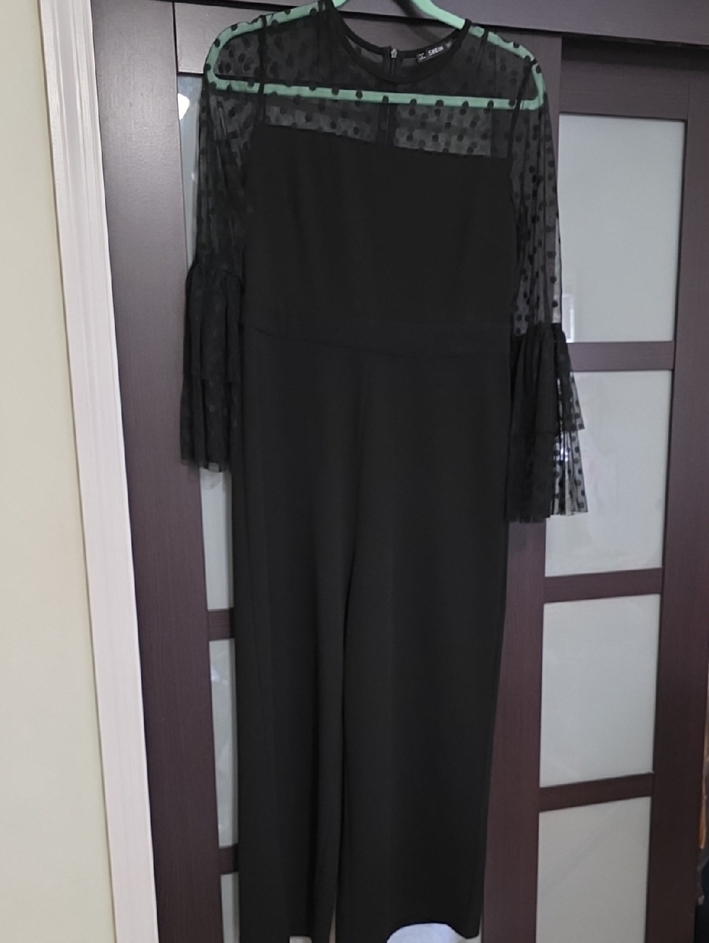 SHEIN Black Polka Dot Sheer-Sleeve Jumpsuit